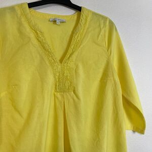 Emily‎ Daniels Top Size XL Yellow Linen Rayon Crochet Lace V Neck 3/4 Sleeve